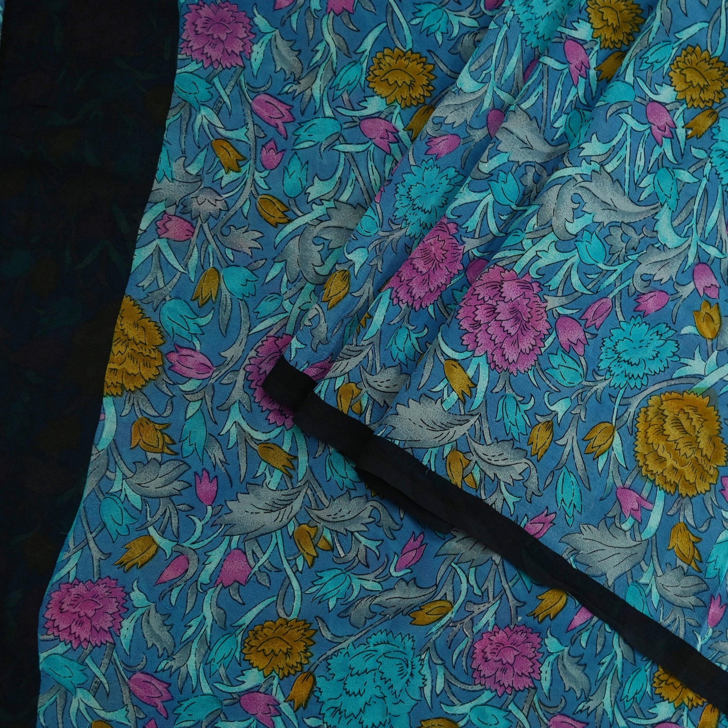 Women Indian Vintage Sari Blue Pure Georgette Silk Printed Sarees Craft Fabric Sewing 5Yd Soft Dress Making Quilting Crafting