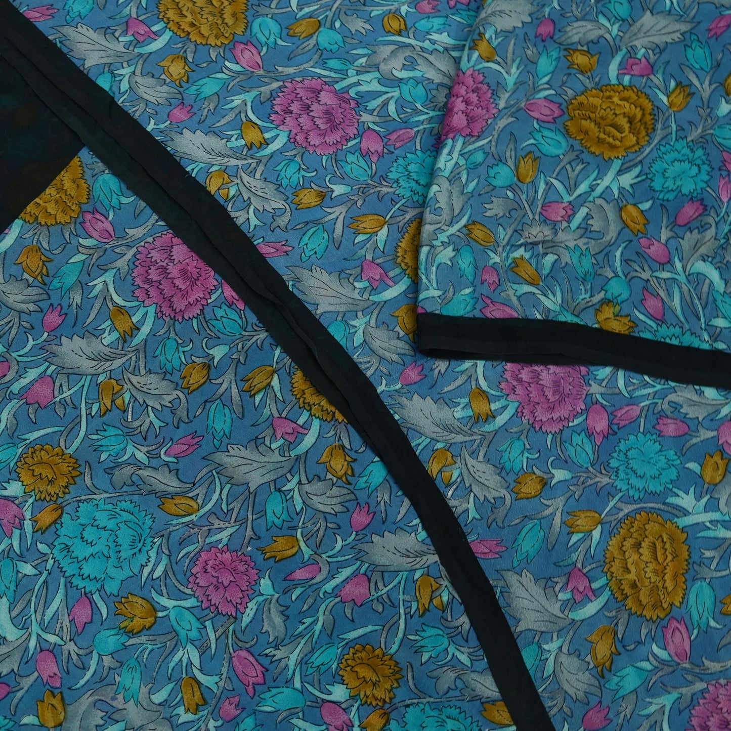Women Indian Vintage Sari Blue Pure Georgette Silk Printed Sarees Craft Fabric Sewing 5Yd Soft Dress Making Quilting Crafting