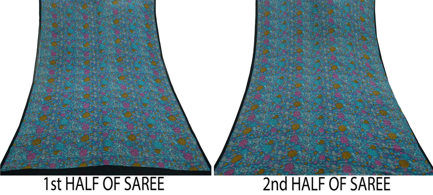 Women Indian Vintage Sari Blue Pure Georgette Silk Printed Sarees Craft Fabric Sewing 5Yd Soft Dress Making Quilting Crafting