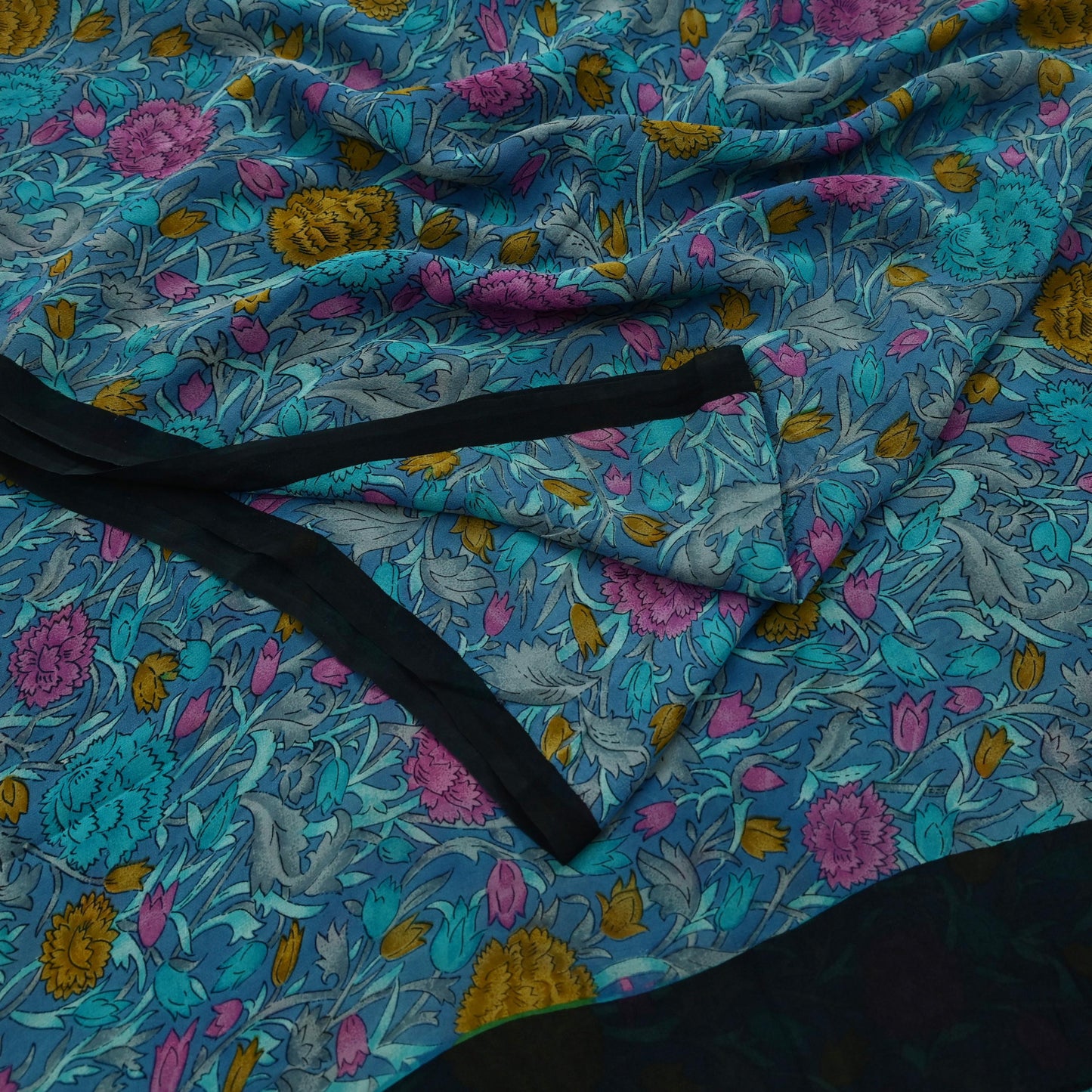Women Indian Vintage Sari Blue Pure Georgette Silk Printed Sarees Craft Fabric Sewing 5Yd Soft Dress Making Quilting Crafting