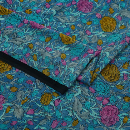 Women Indian Vintage Sari Blue Pure Georgette Silk Printed Sarees Craft Fabric Sewing 5Yd Soft Dress Making Quilting Crafting