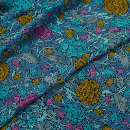 Women Indian Vintage Sari Blue Pure Georgette Silk Printed Sarees Craft Fabric Sewing 5Yd Soft Dress Making Quilting Crafting