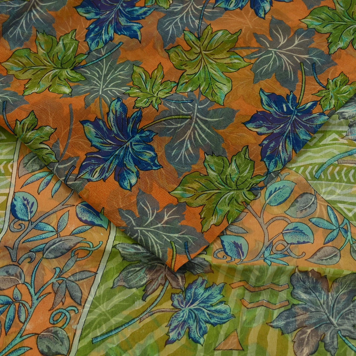 Indian Vintage Sari Orange & Green Pure Chiffon Silk Printed Sarees Craft Fabric Sewing 5Yd Soft Light Sari Dress Making