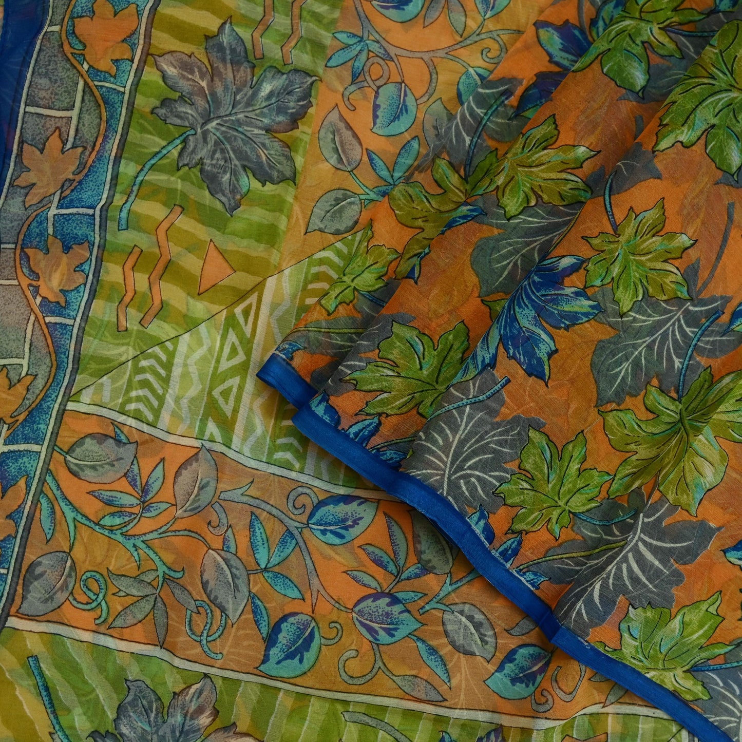 Indian Vintage Sari Orange & Green Pure Chiffon Silk Printed Sarees Craft Fabric Sewing 5Yd Soft Light Sari Dress Making
