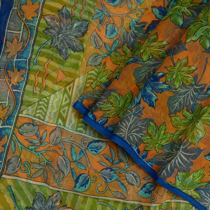 Indian Vintage Sari Orange & Green Pure Chiffon Silk Printed Sarees Craft Fabric Sewing 5Yd Soft Light Sari Dress Making