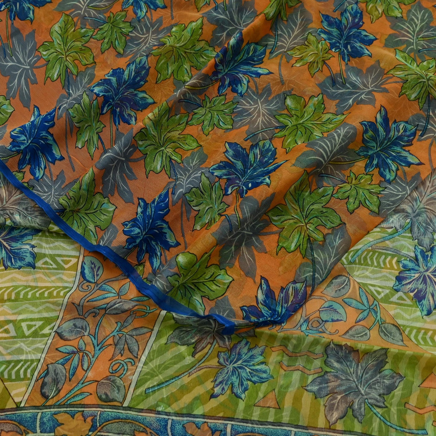 Indian Vintage Sari Orange & Green Pure Chiffon Silk Printed Sarees Craft Fabric Sewing 5Yd Soft Light Sari Dress Making
