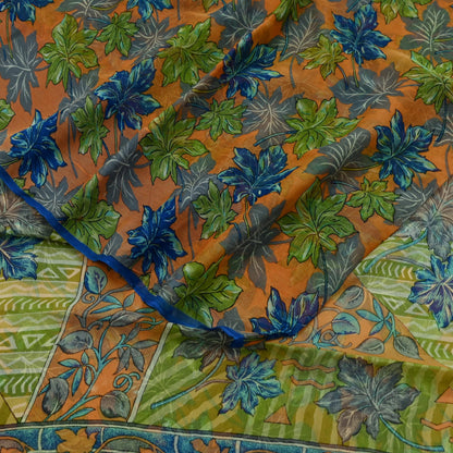 Indian Vintage Sari Orange & Green Pure Chiffon Silk Printed Sarees Craft Fabric Sewing 5Yd Soft Light Sari Dress Making