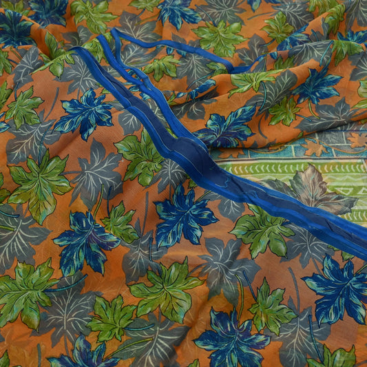 Indian Vintage Sari Orange & Green Pure Chiffon Silk Printed Sarees Craft Fabric Sewing 5Yd Soft Light Sari Dress Making