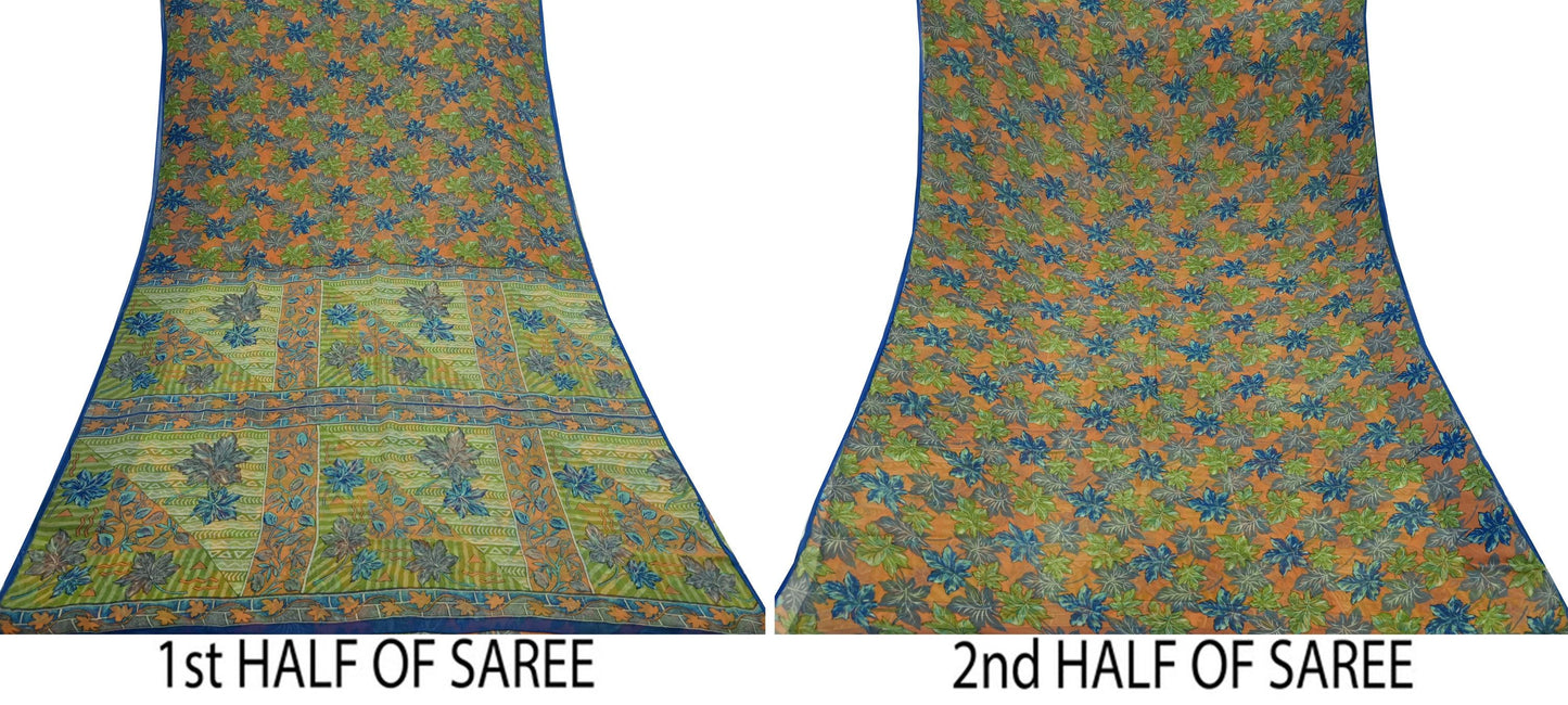 Indian Vintage Sari Orange & Green Pure Chiffon Silk Printed Sarees Craft Fabric Sewing 5Yd Soft Light Sari Dress Making