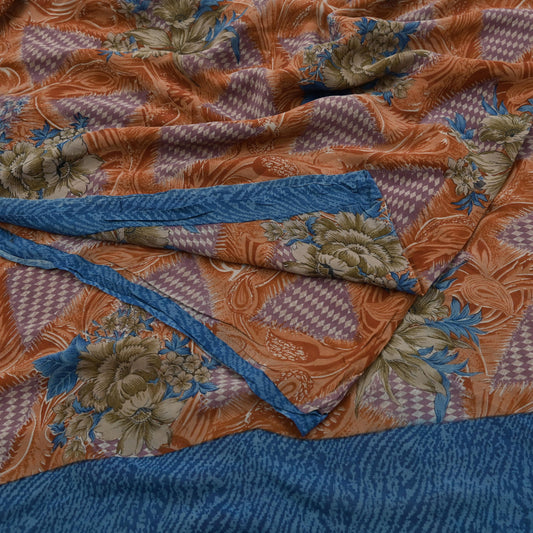 Indian Vintage Saree Purple & Orange Pure Georgette Silk Printed Sari Sewing 5yd Craft Fabric Soft Dress Designing for Crafting Quilting