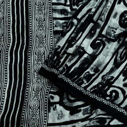 Indian Vintage Sari Black & White Printed Pure Cotton Sarees Craft Fabric 5Yd Sewing Soft Sarong Wrap Boho Paisley Quilting Crafting