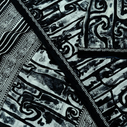 Indian Vintage Sari Black & White Printed Pure Cotton Sarees Craft Fabric 5Yd Sewing Soft Sarong Wrap Boho Paisley Quilting Crafting