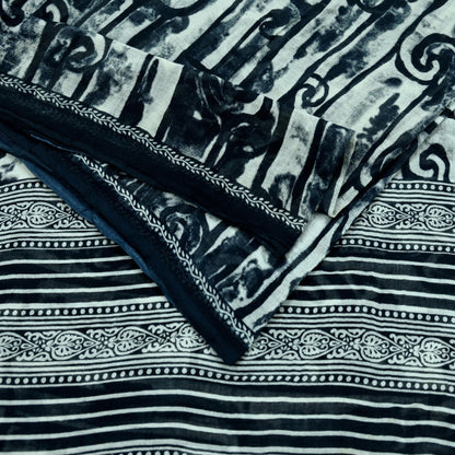 Indian Vintage Sari Black & White Printed Pure Cotton Sarees Craft Fabric 5Yd Sewing Soft Sarong Wrap Boho Paisley Quilting Crafting