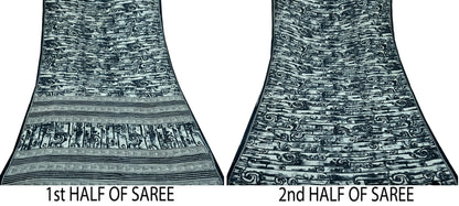 Indian Vintage Sari Black & White Printed Pure Cotton Sarees Craft Fabric 5Yd Sewing Soft Sarong Wrap Boho Paisley Quilting Crafting