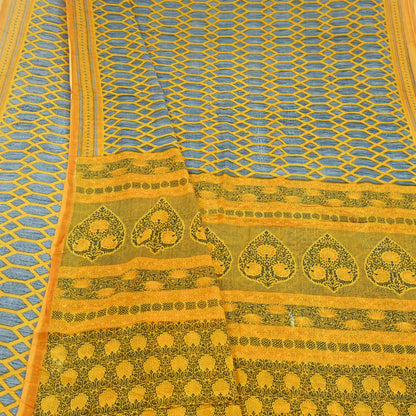 Indian Vintage Gray & Yellow Saree Printed Pure Cotton Sari Craft Fabric 5Yd Soft Sewing Sarong Wrap Boho Floral Dress making Crafting