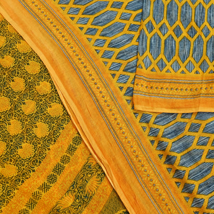 Indian Vintage Gray & Yellow Saree Printed Pure Cotton Sari Craft Fabric 5Yd Soft Sewing Sarong Wrap Boho Floral Dress making Crafting