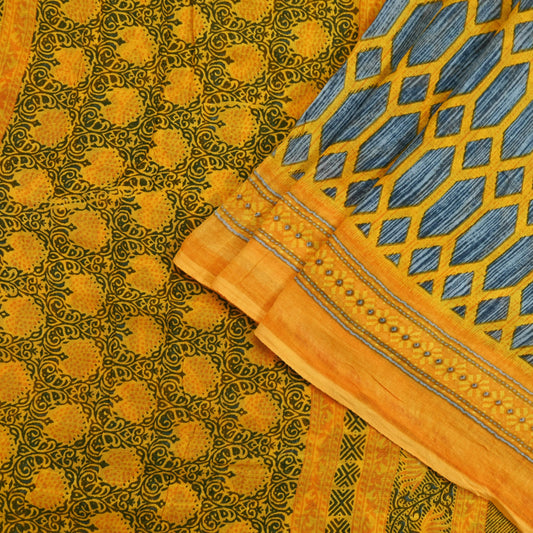 Indian Vintage Gray & Yellow Saree Printed Pure Cotton Sari Craft Fabric 5Yd Soft Sewing Sarong Wrap Boho Floral Dress making Crafting