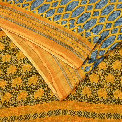 Indian Vintage Gray & Yellow Saree Printed Pure Cotton Sari Craft Fabric 5Yd Soft Sewing Sarong Wrap Boho Floral Dress making Crafting