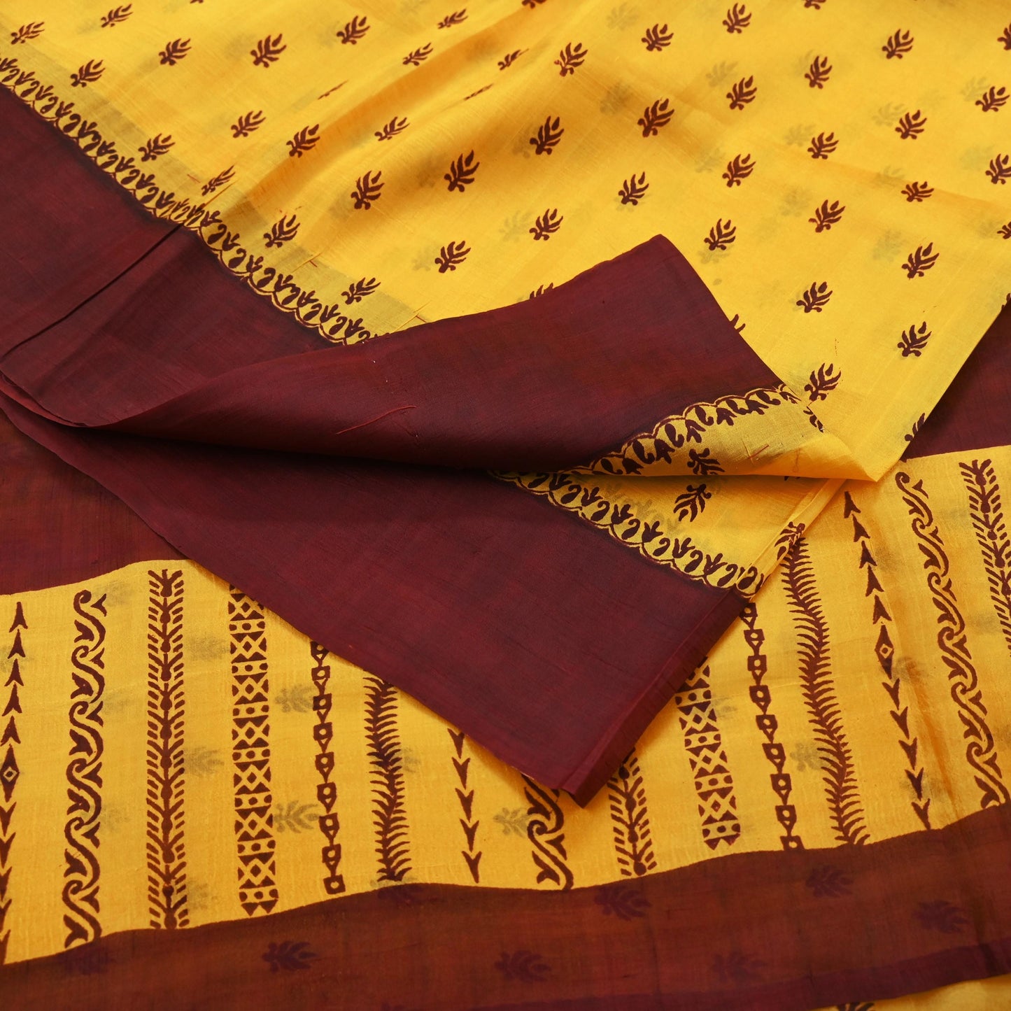 Indian Vintage Sari Yellow & maroon 100% Pure Silk Printed Sarees Craft Fabric 5yd Sewing Floral Paisley Soft Dress making Crafting Quilting