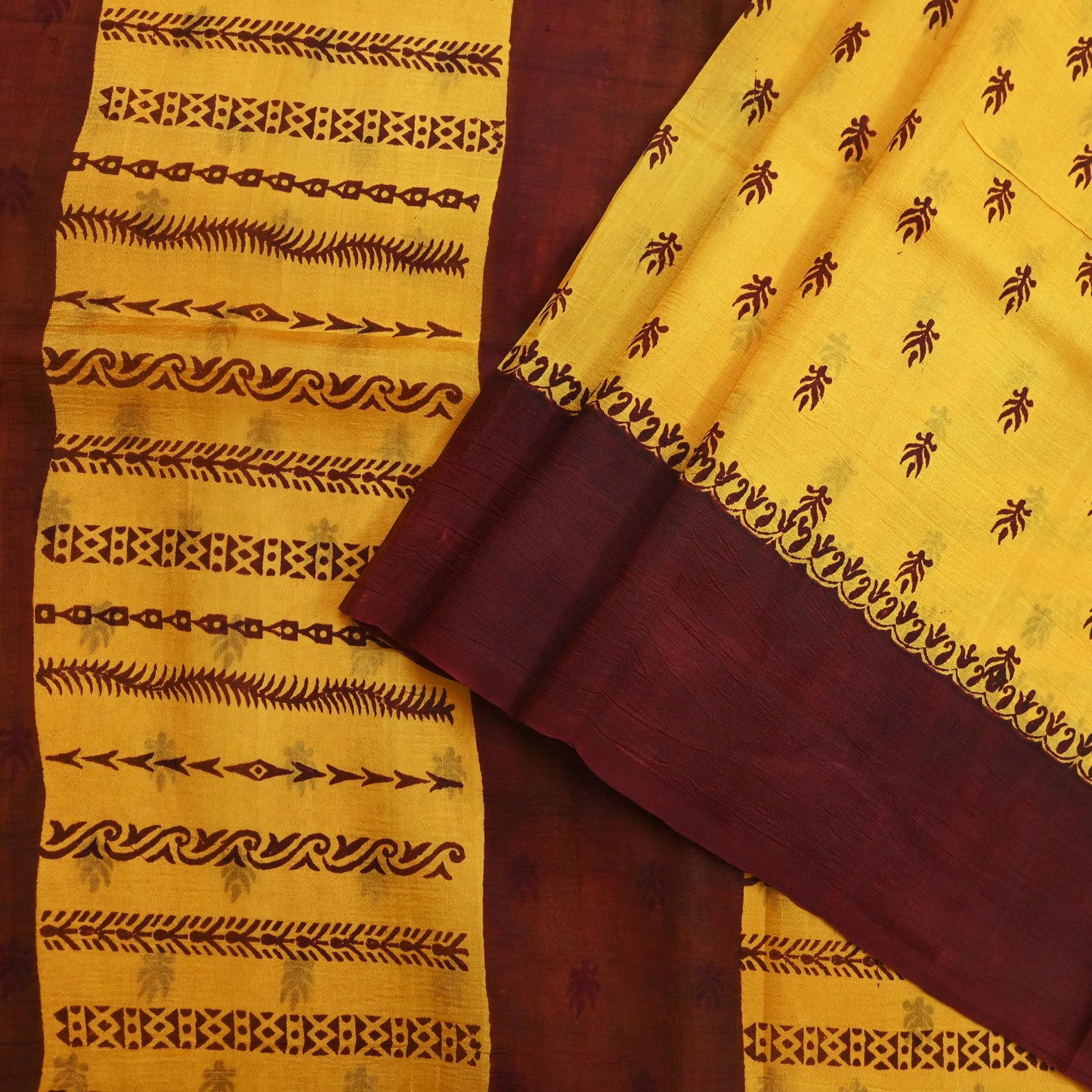 Indian Vintage Sari Yellow & maroon 100% Pure Silk Printed Sarees Craft Fabric 5yd Sewing Floral Paisley Soft Dress making Crafting Quilting