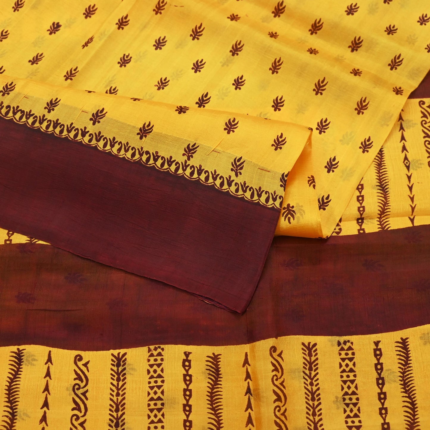 Indian Vintage Sari Yellow & maroon 100% Pure Silk Printed Sarees Craft Fabric 5yd Sewing Floral Paisley Soft Dress making Crafting Quilting