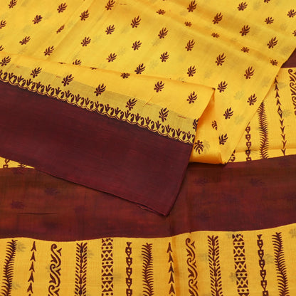 Indian Vintage Sari Yellow & maroon 100% Pure Silk Printed Sarees Craft Fabric 5yd Sewing Floral Paisley Soft Dress making Crafting Quilting
