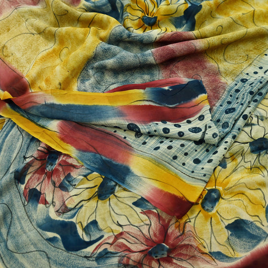 Vintage Sari Multi Pure Georgette Silk Printed Saree Sewing 5yd Craft Soft Floral Dress Designing for Crafting Quilting Upcycle