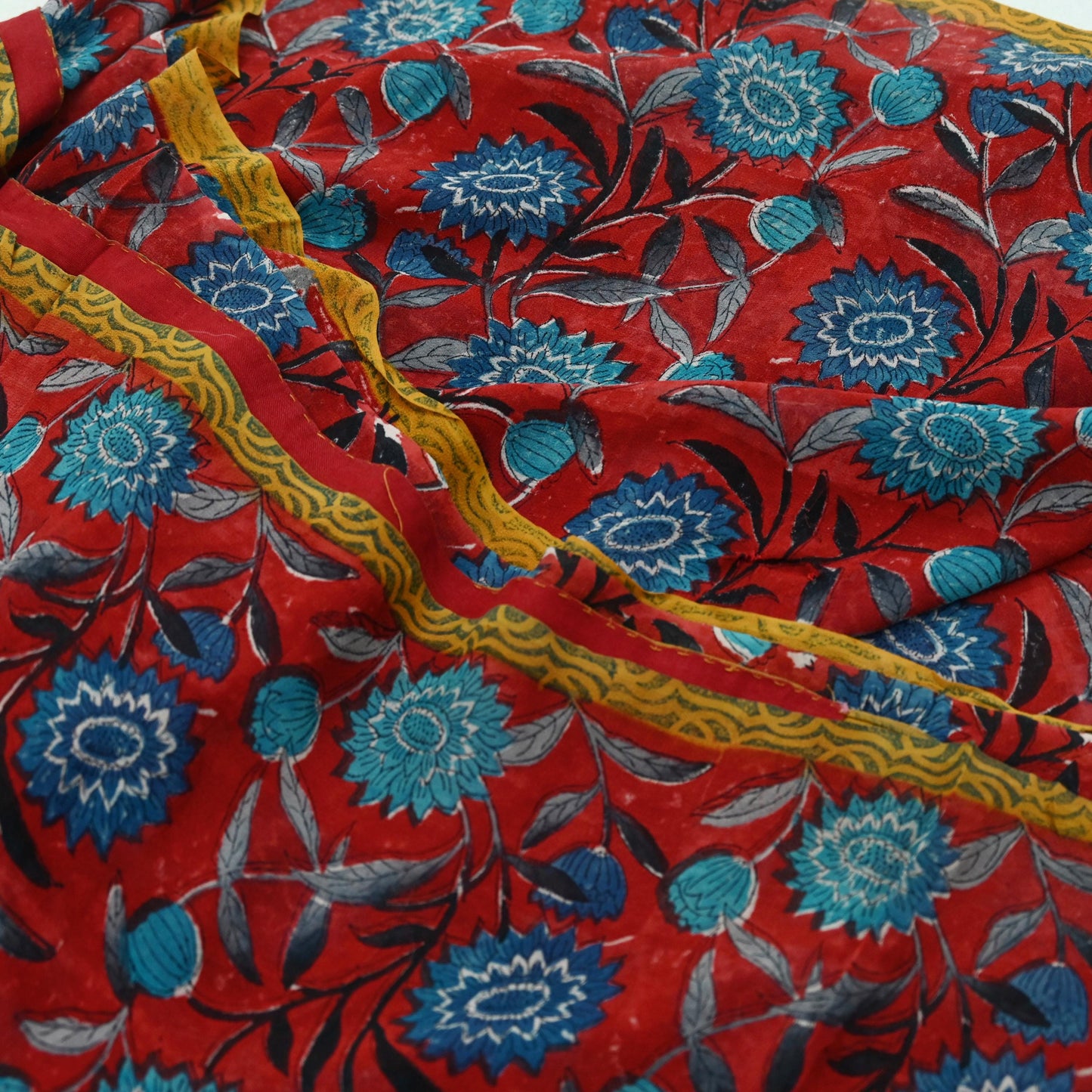 Indian Vintage Red & Blue Saree 100% Pure Georgette Silk Block Printed Sari Sewing 5yd Craft Fabric Dress Designing for Dress making