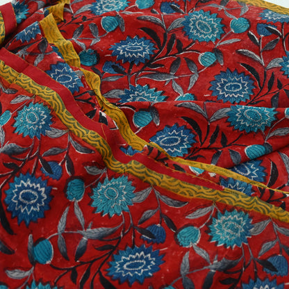 Indian Vintage Red & Blue Saree 100% Pure Georgette Silk Block Printed Sari Sewing 5yd Craft Fabric Dress Designing for Dress making