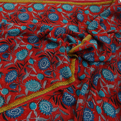 Indian Vintage Red & Blue Saree 100% Pure Georgette Silk Block Printed Sari Sewing 5yd Craft Fabric Dress Designing for Dress making