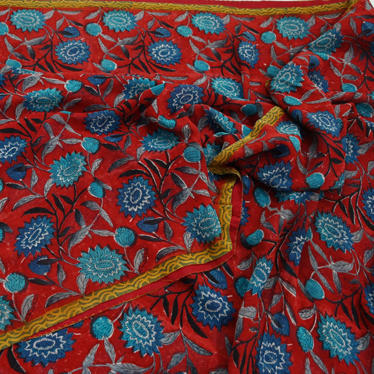 Indian Vintage Red & Blue Saree 100% Pure Georgette Silk Block Printed Sari Sewing 5yd Craft Fabric Dress Designing for Dress making