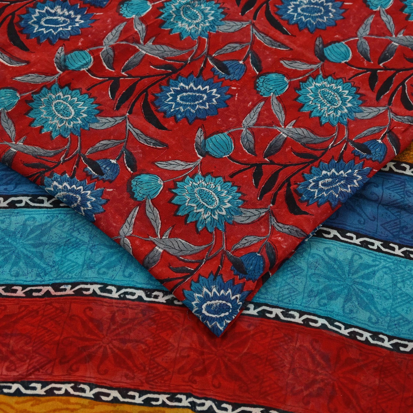 Indian Vintage Red & Blue Saree 100% Pure Georgette Silk Block Printed Sari Sewing 5yd Craft Fabric Dress Designing for Dress making
