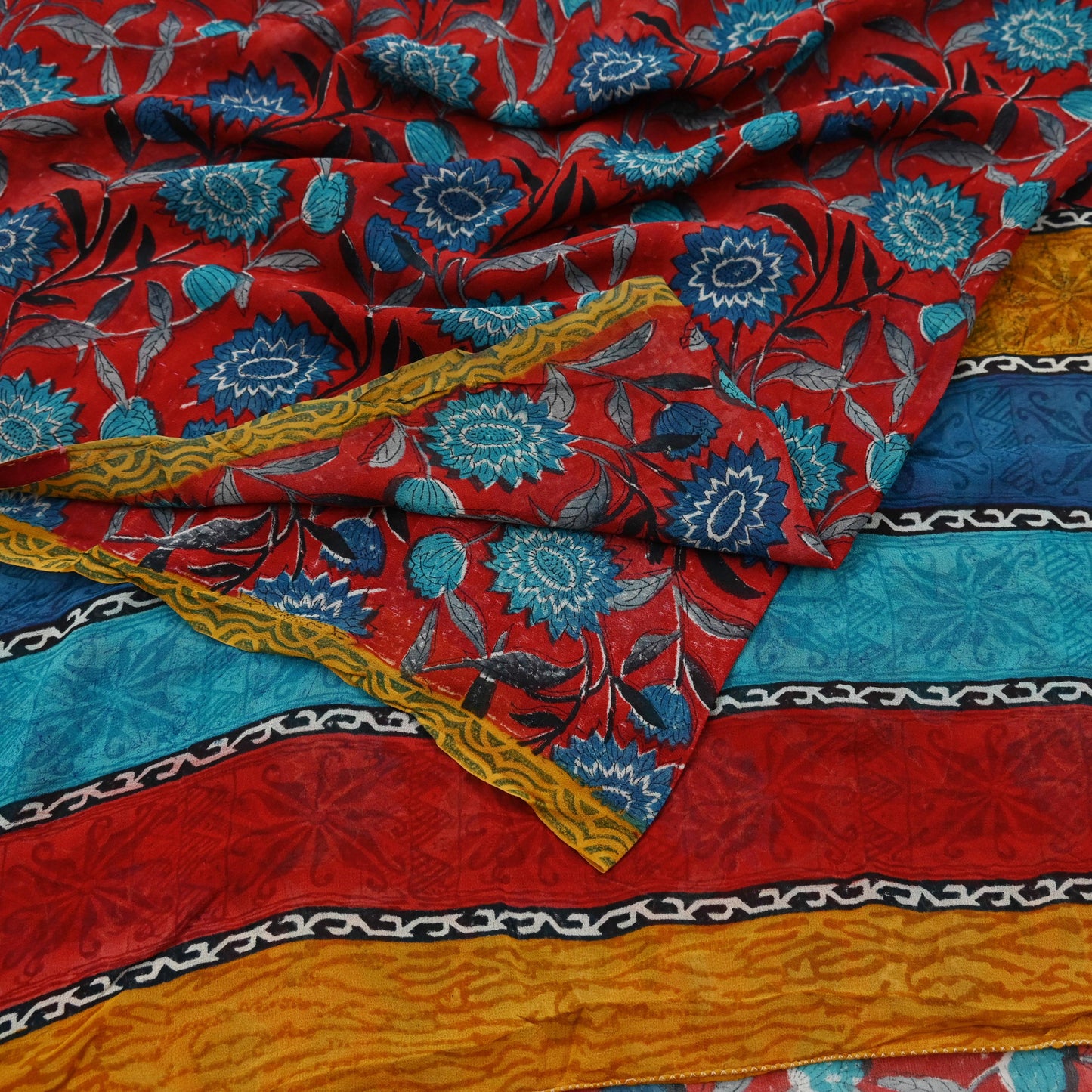 Indian Vintage Red & Blue Saree 100% Pure Georgette Silk Block Printed Sari Sewing 5yd Craft Fabric Dress Designing for Dress making