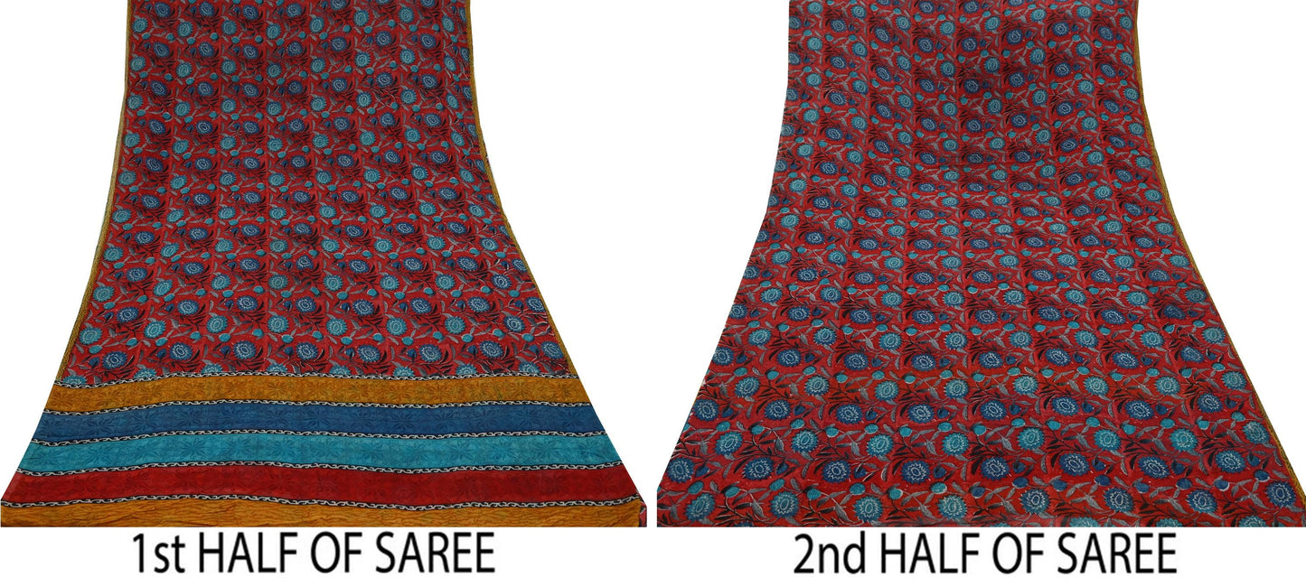 Indian Vintage Red & Blue Saree 100% Pure Georgette Silk Block Printed Sari Sewing 5yd Craft Fabric Dress Designing for Dress making