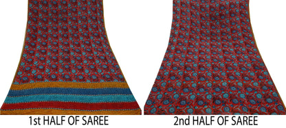Indian Vintage Red & Blue Saree 100% Pure Georgette Silk Block Printed Sari Sewing 5yd Craft Fabric Dress Designing for Dress making
