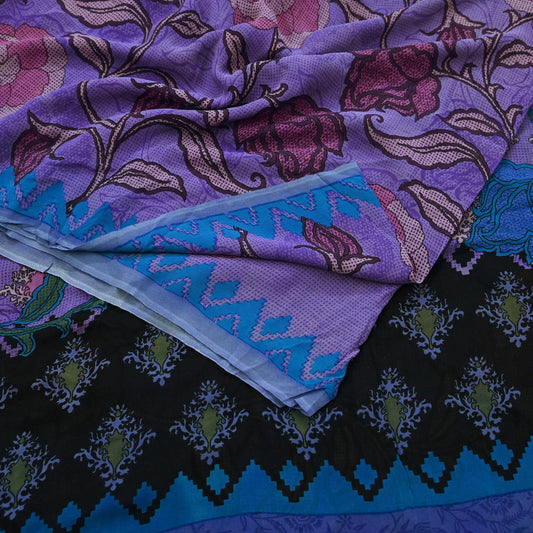Indian Vintage Sari Purple 100% Pure Georgette Silk Printed Sarees Sewing 5yd Craft Soft Dress Designing for Crafting Floral Quilting