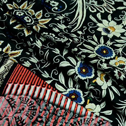 Indian Vintage Saree Black Pure Satin Silk Digital Printed Sari 6yd Sewing Floral Soft Craft Fabric Dress Making Crafting Quilting