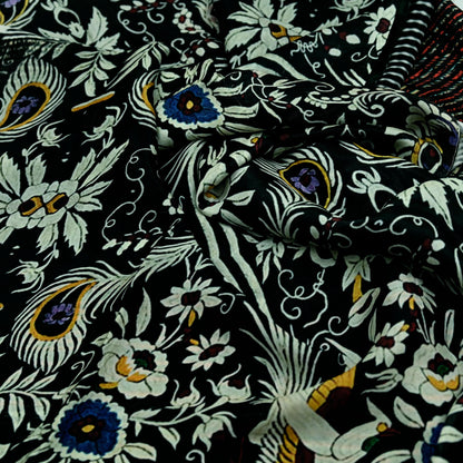 Indian Vintage Saree Black Pure Satin Silk Digital Printed Sari 6yd Sewing Floral Soft Craft Fabric Dress Making Crafting Quilting