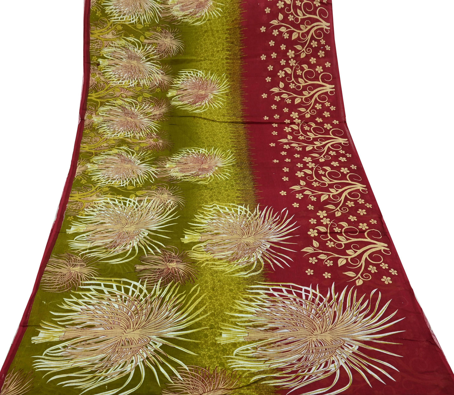 Indian Vintage Sari Green & Red Printed Pure Cotton Saree Craft Fabric 5Yd Sewing Sarong Wrap Boho Floral Crafting Upcycle Quilting Used