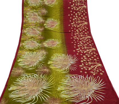 Indian Vintage Sari Green & Red Printed Pure Cotton Saree Craft Fabric 5Yd Sewing Sarong Wrap Boho Floral Crafting Upcycle Quilting Used