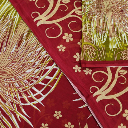 Indian Vintage Sari Green & Red Printed Pure Cotton Saree Craft Fabric 5Yd Sewing Sarong Wrap Boho Floral Crafting Upcycle Quilting Used