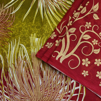 Indian Vintage Sari Green & Red Printed Pure Cotton Saree Craft Fabric 5Yd Sewing Sarong Wrap Boho Floral Crafting Upcycle Quilting Used