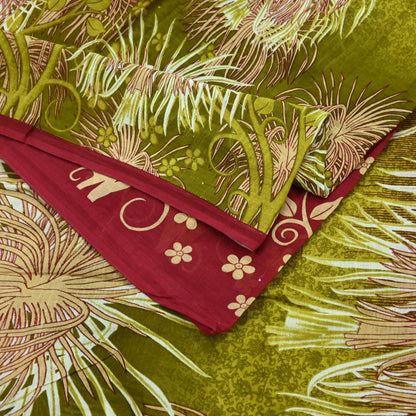 Indian Vintage Sari Green & Red Printed Pure Cotton Saree Craft Fabric 5Yd Sewing Sarong Wrap Boho Floral Crafting Upcycle Quilting Used