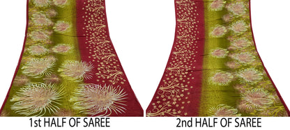 Indian Vintage Sari Green & Red Printed Pure Cotton Saree Craft Fabric 5Yd Sewing Sarong Wrap Boho Floral Crafting Upcycle Quilting Used