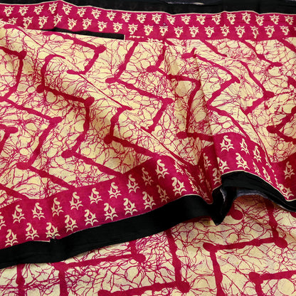Indian Vintage Sari Beige Batik Printed Saree 100% Pure Cotton 5Yd Craft Fabric Soft Sewing Sarong Wrap Boho Quilting Dress Making