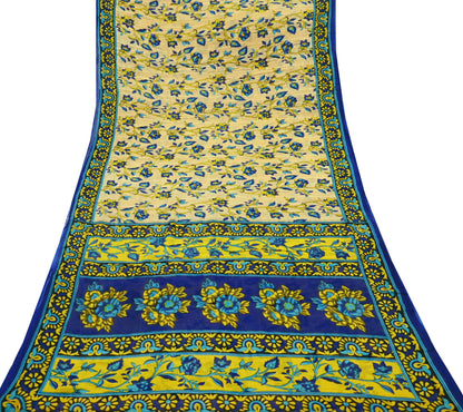 Indian Vintage Sari Blue & Beige Printed 100% Pure Cotton Sarees Craft Fabric 5Yd Sewing Soft Sarong Wrap Floral Dress Making Shrug Quilting