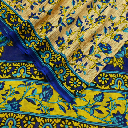 Indian Vintage Sari Blue & Beige Printed 100% Pure Cotton Sarees Craft Fabric 5Yd Sewing Soft Sarong Wrap Floral Dress Making Shrug Quilting