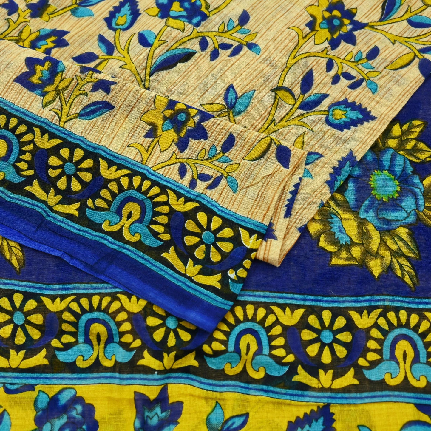 Indian Vintage Sari Blue & Beige Printed 100% Pure Cotton Sarees Craft Fabric 5Yd Sewing Soft Sarong Wrap Floral Dress Making Shrug Quilting