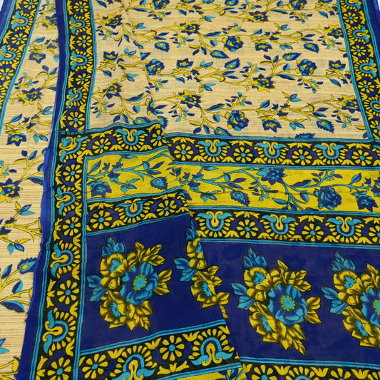 Indian Vintage Sari Blue & Beige Printed 100% Pure Cotton Sarees Craft Fabric 5Yd Sewing Soft Sarong Wrap Floral Dress Making Shrug Quilting