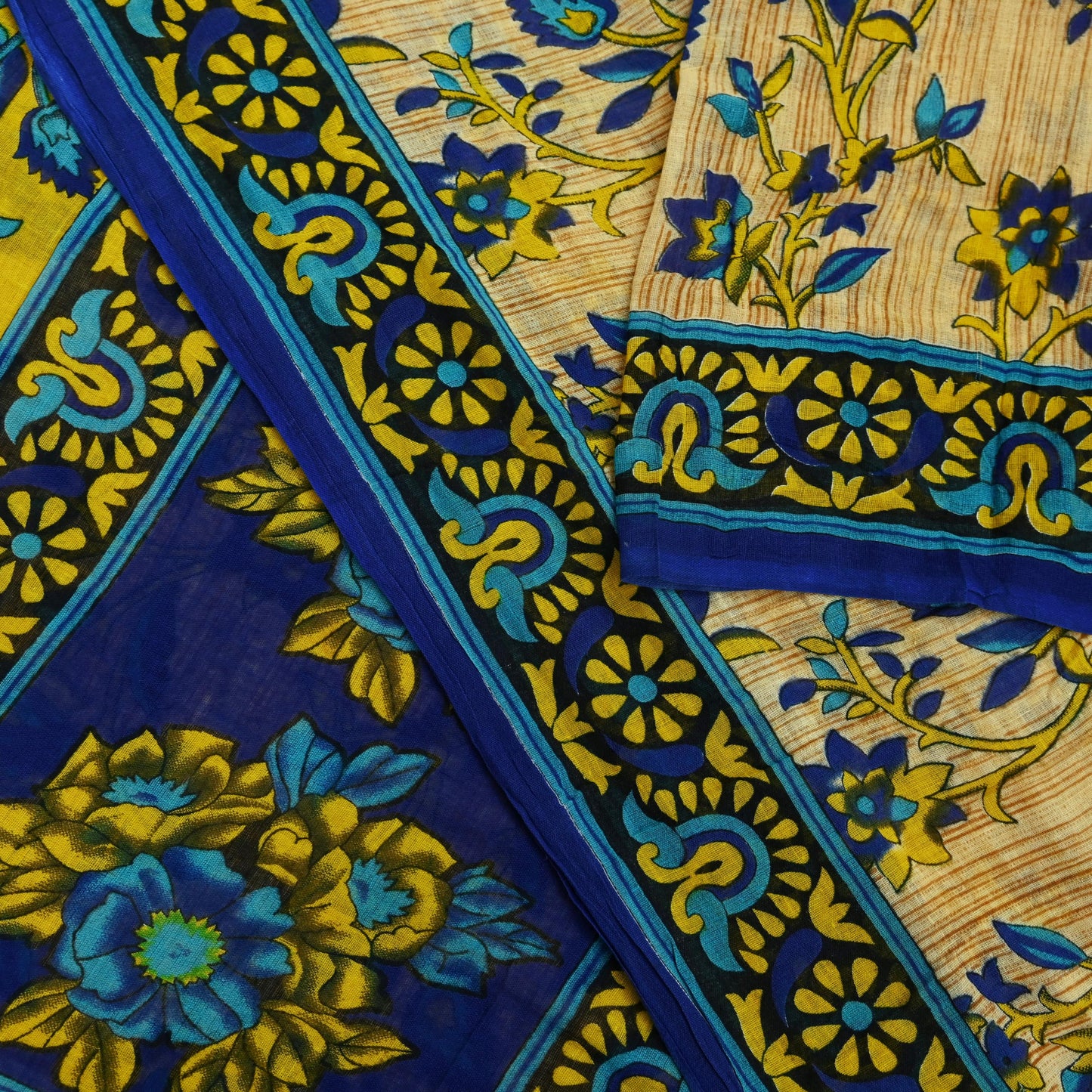 Indian Vintage Sari Blue & Beige Printed 100% Pure Cotton Sarees Craft Fabric 5Yd Sewing Soft Sarong Wrap Floral Dress Making Shrug Quilting